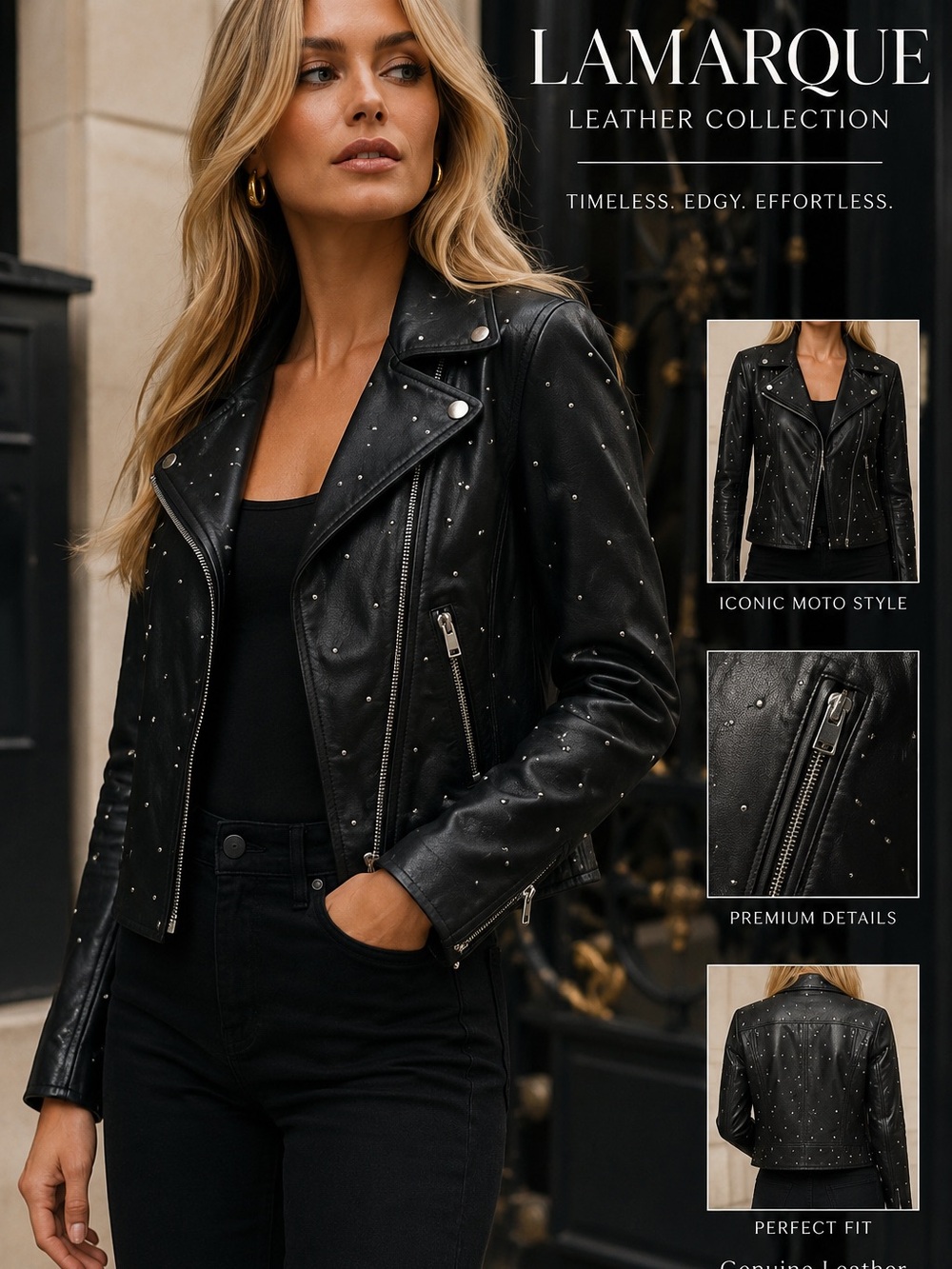 Lamarque Black Stud-Embellished Leather Moto Jacket